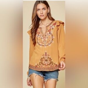 NWT Savannah Jane Embroidered Mustard Blouse size 2X and 3X 🌺🌹🌸